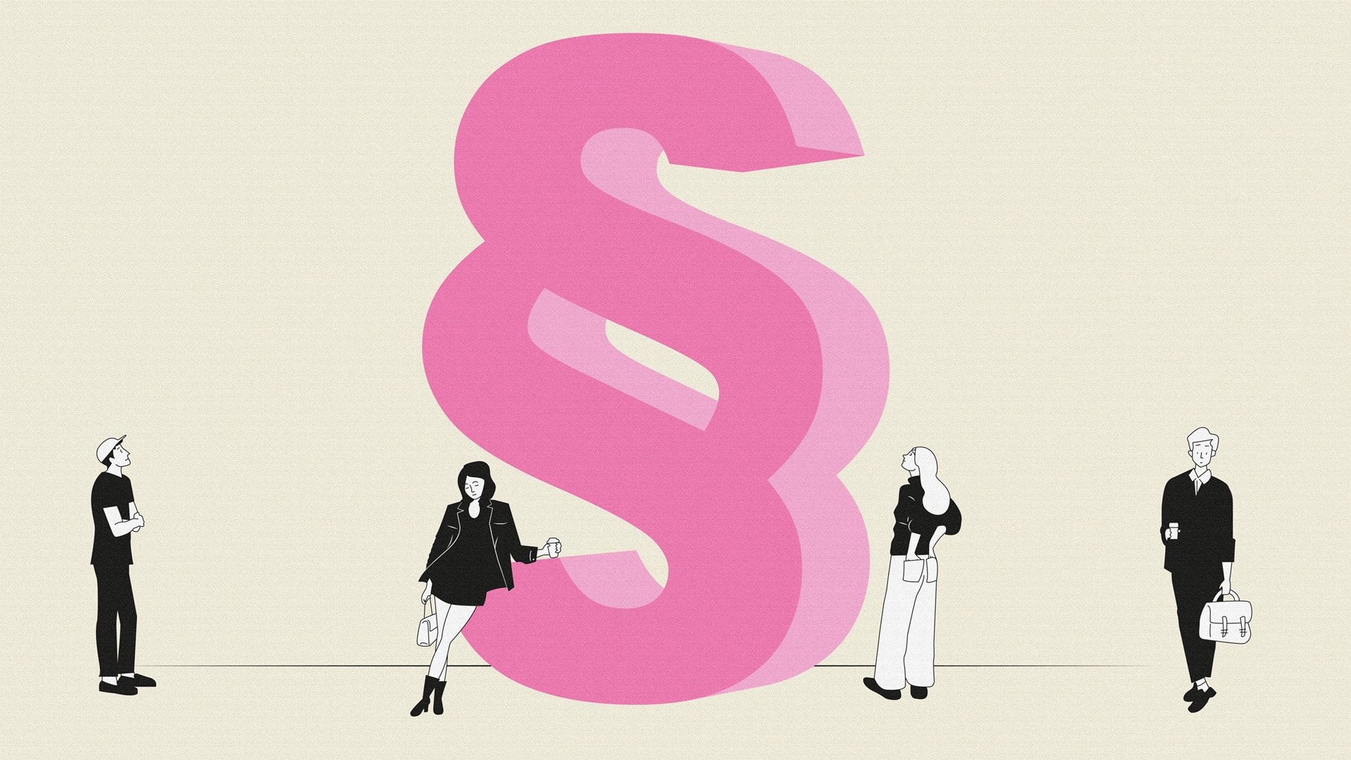 Illustration av en stor rosa paragraftecken med fyra personer som står omkring den.