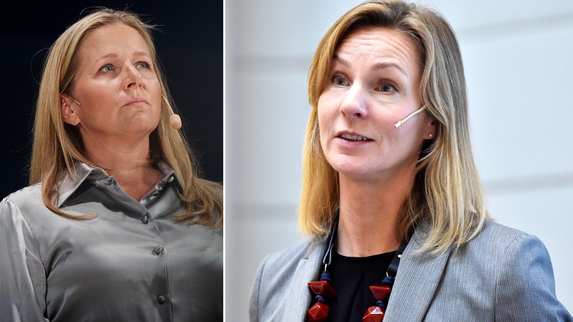 Två porträtt av samma kvinna. Till vänster ser hon uppåt med allvarlig blick. Till höger talar hon och bär ett headset.