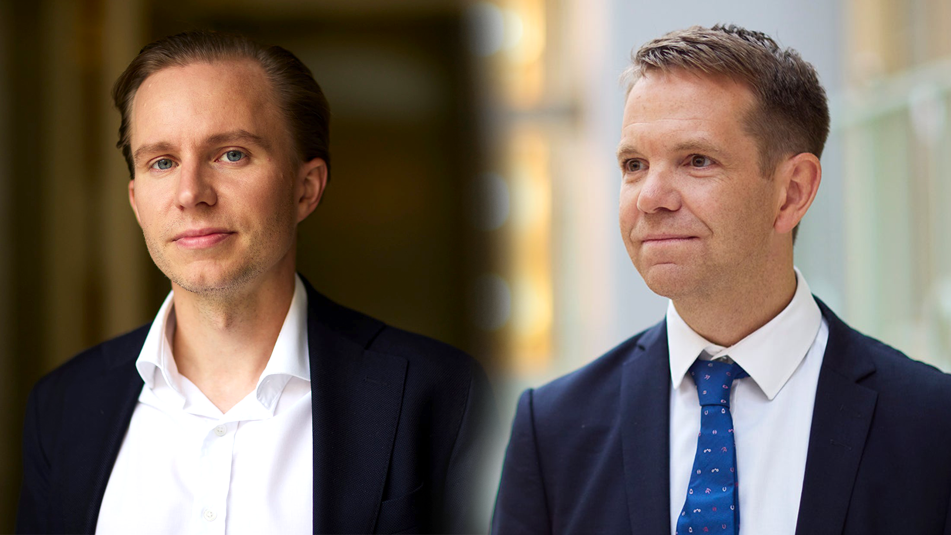 Porträttbild på två män i kostym, sida vid sida.