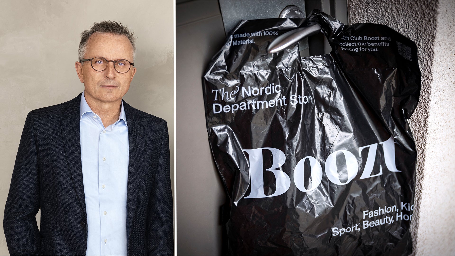 Sammansatt bild med en man i glasögon och mörkblå kavaj på vänster sida, och en svart Boozt-påse från The Nordic Department på höger sida.