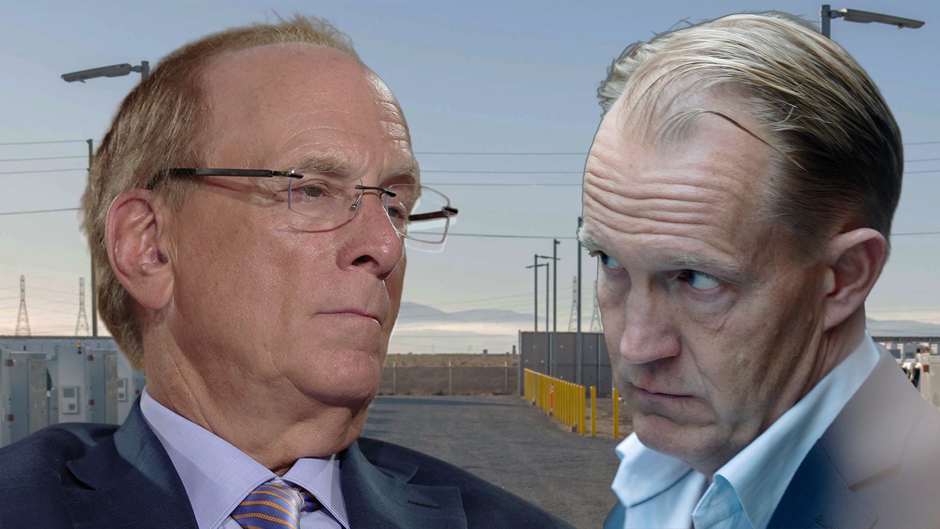 Två män i kostym tittar allvarligt åt varandra framför ett industriområde med elledningar.