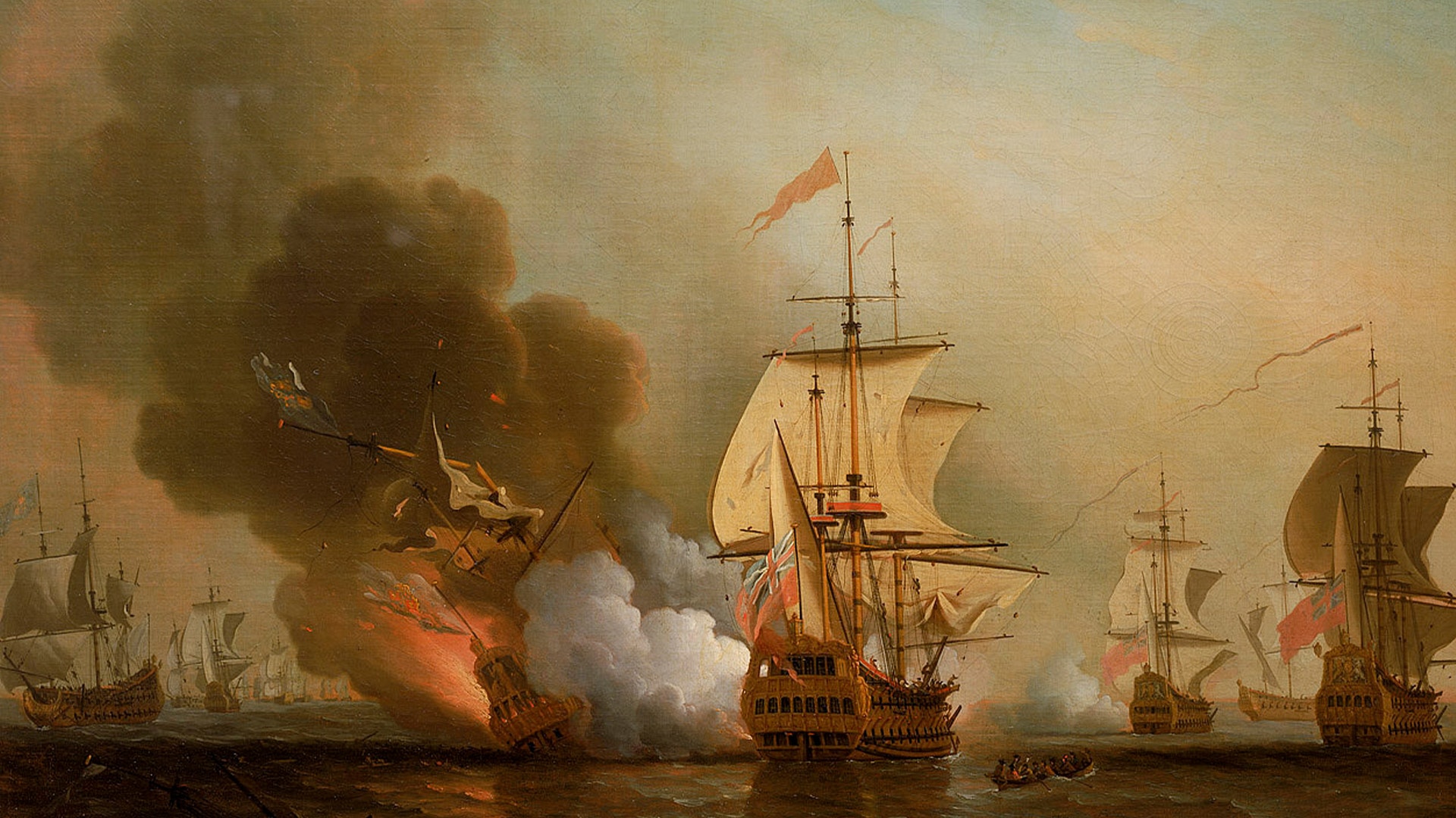 Historisk målning av en sjöstrid mellan segelfartyg. Ett fartyg är i brand med rök och lågor, omgivet av andra väpnade segelfartyg på havet.