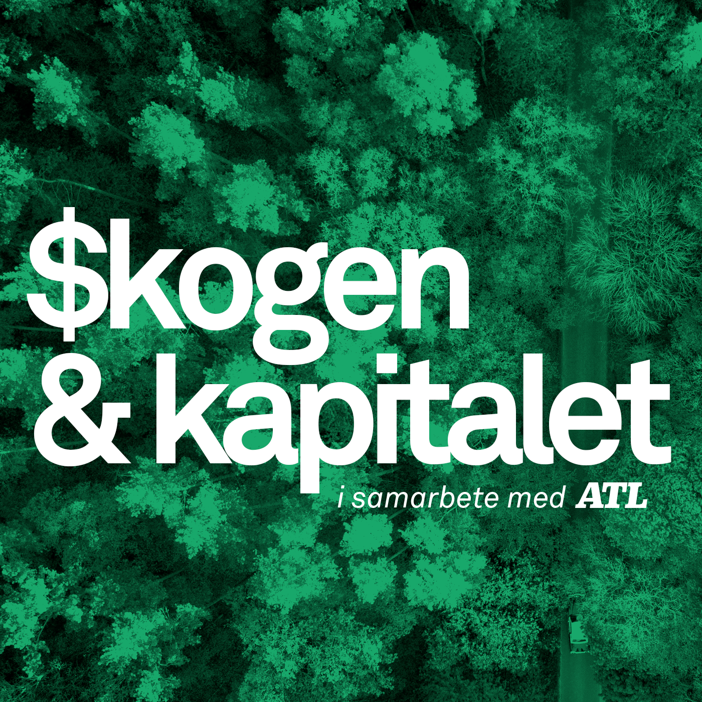 Podcast-omslagsbild för Skogen och kapitalet. Flygfoto över en tät grön skog med vita textelement.