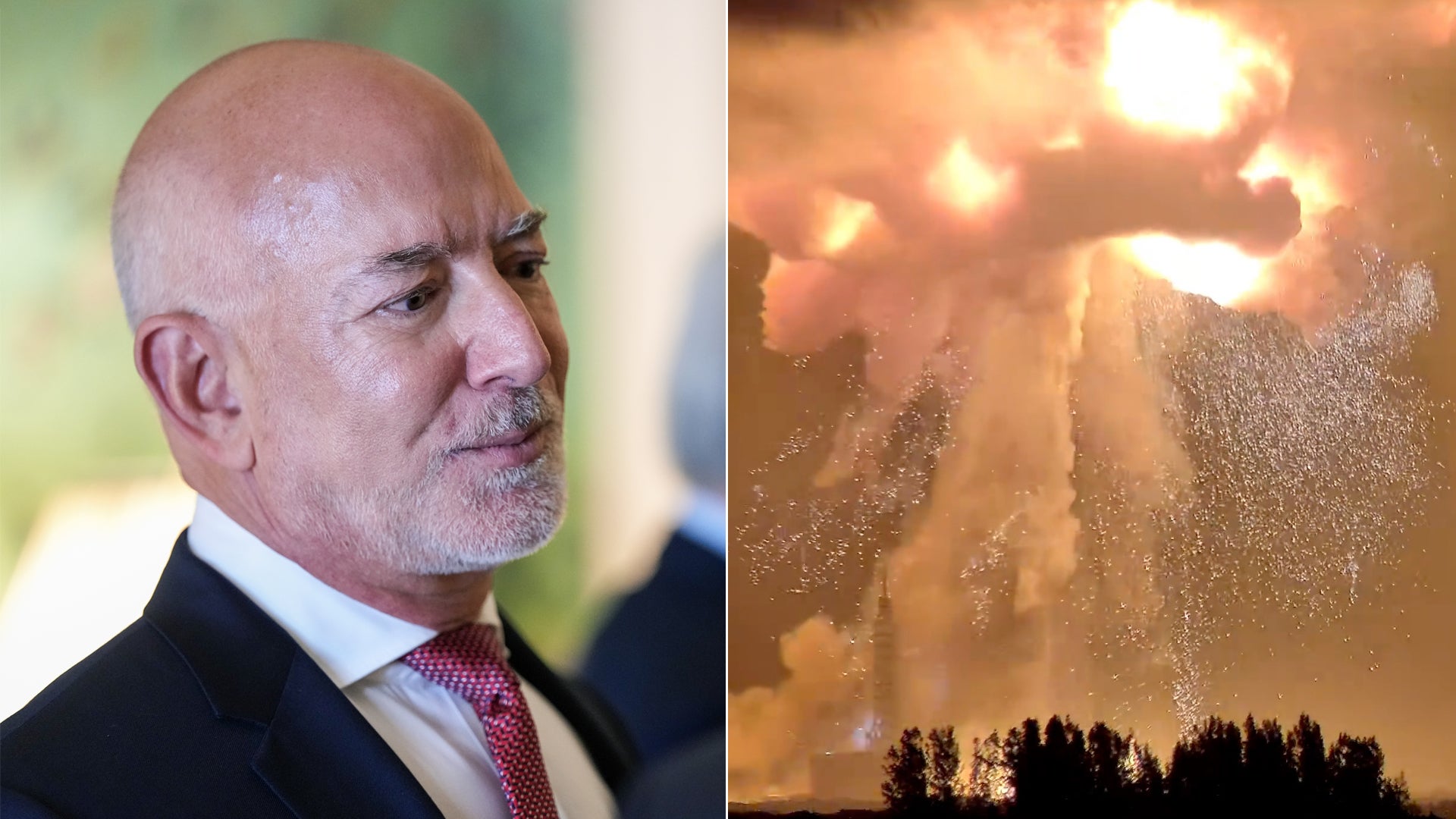 Sammansatt bild med porträtt av man i kostym på vänster sida och massiva explosioner mot natthimmel på höger sida.