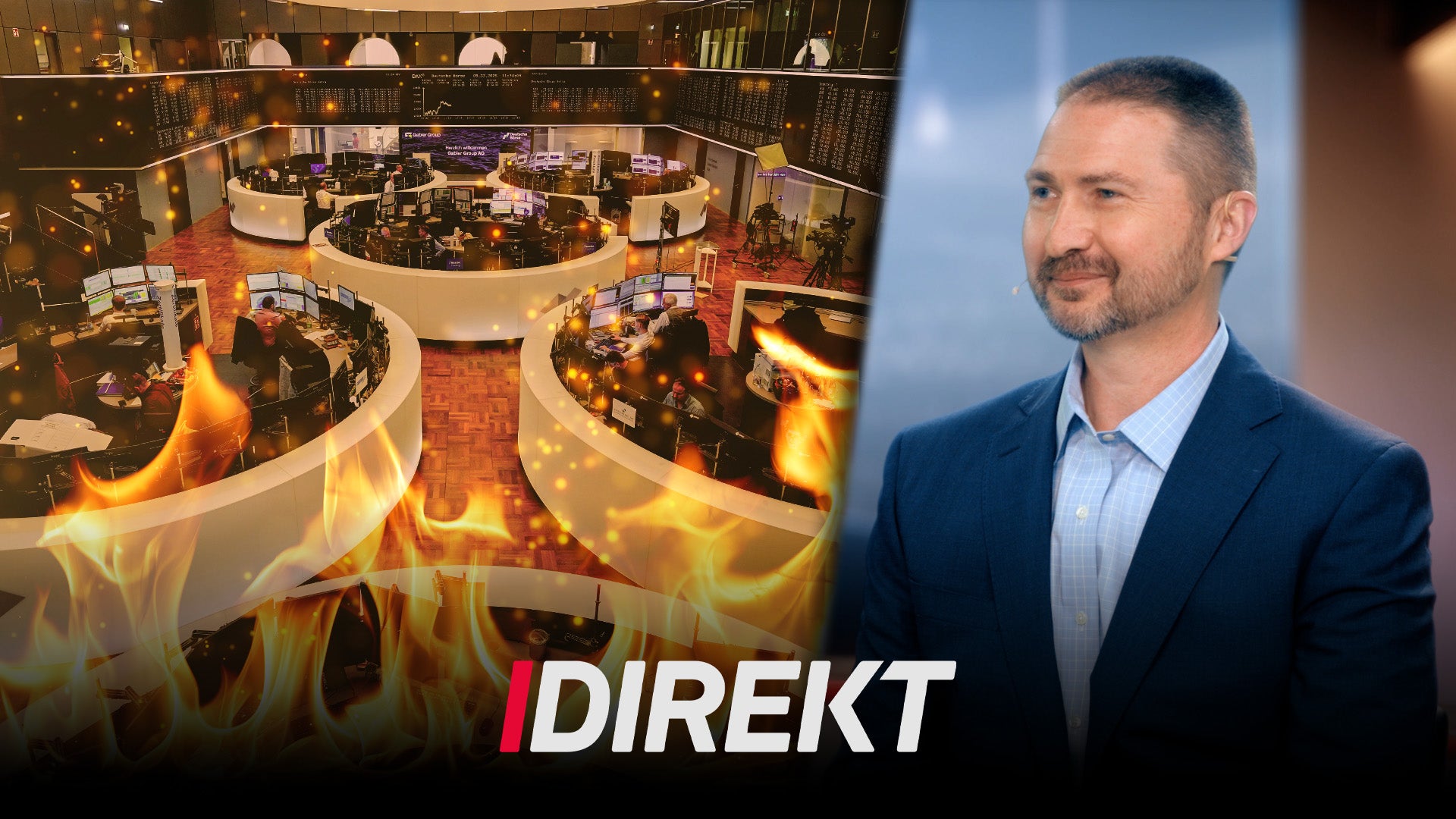 Porträttbild av en man i blå kavaj tillsammans med en bild av en handelsplats med flammor