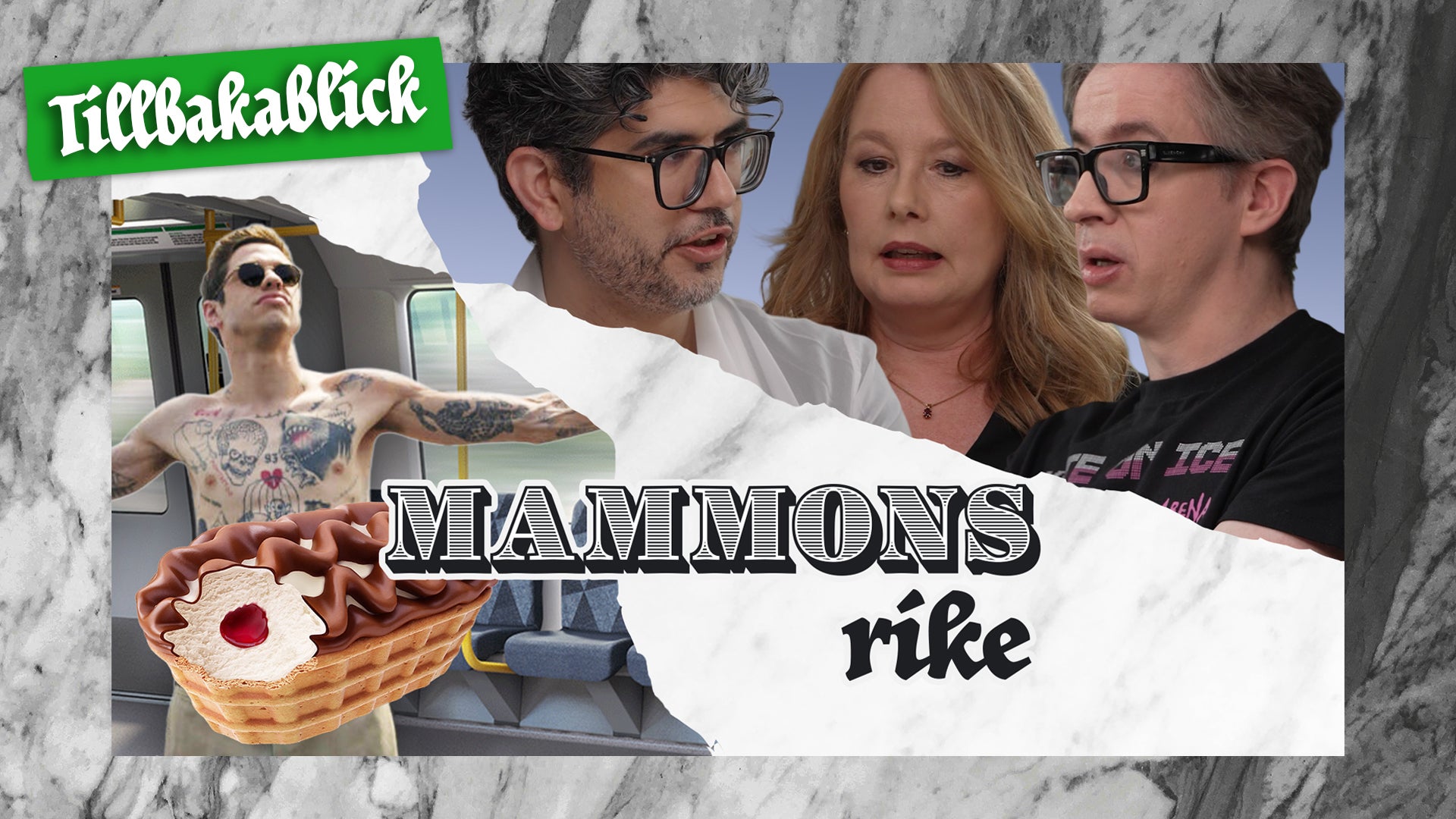 Thumbnail för podcast-serien Mammons rike. Collage med tre personer med glasögon, en tatuerad person, en bakad tart och texten Tillbakablick.
