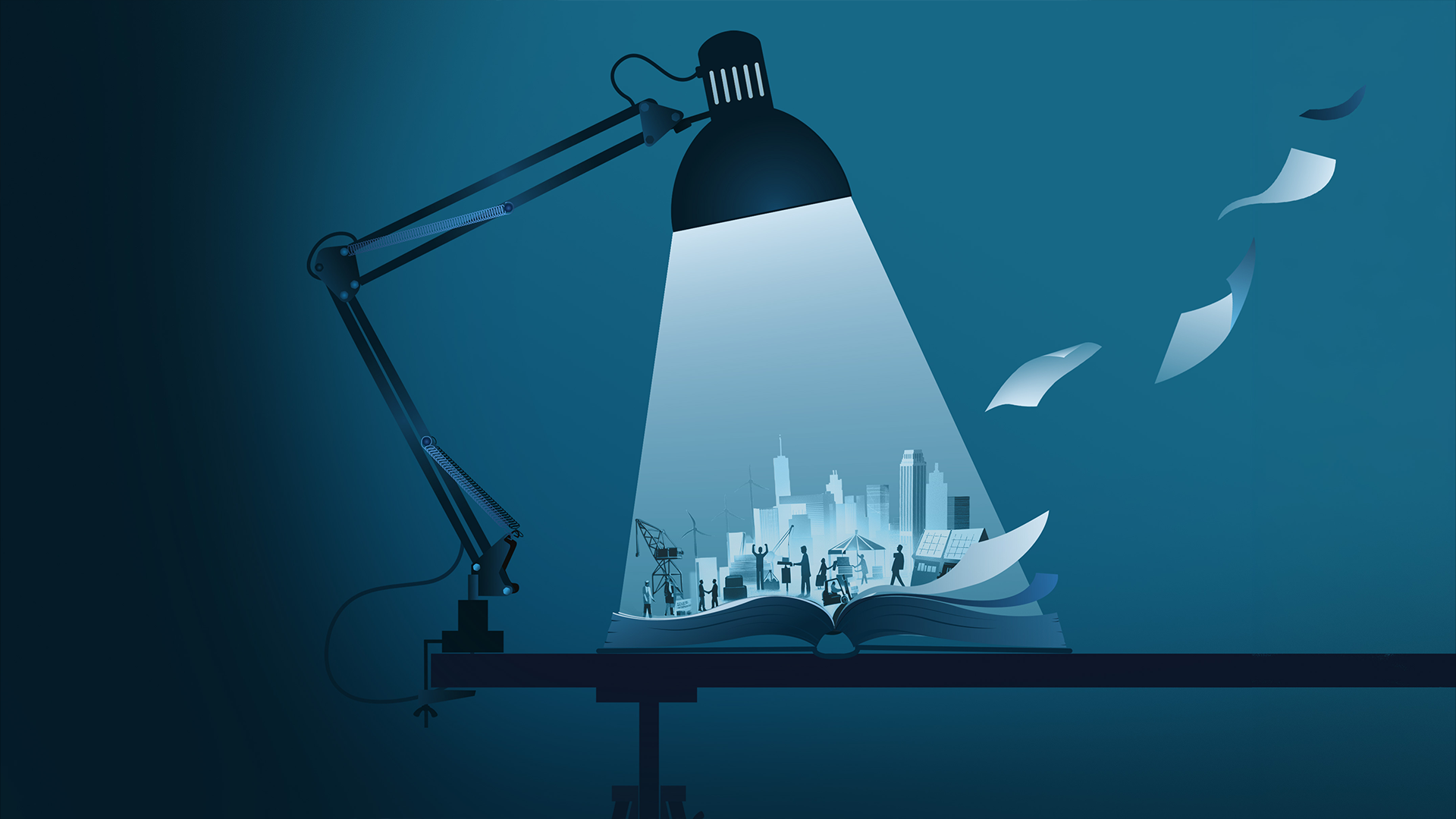 Skrivbordslampa lyser upp en stadssilhuett som stiger upp från en öppen bok med flygande papper i luften.