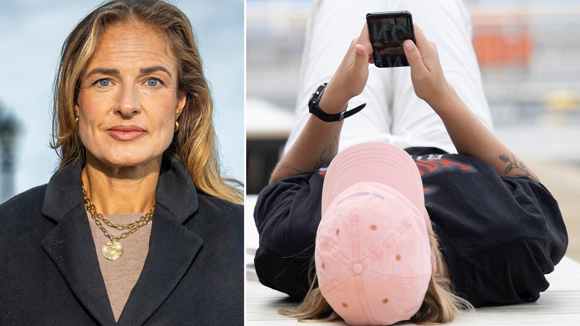 Två bilder: till vänster en porträttbild av en kvinna i svart kavaj, till höger en person som tar ett foto med sin smartphone medan hon bär en rosa keps.