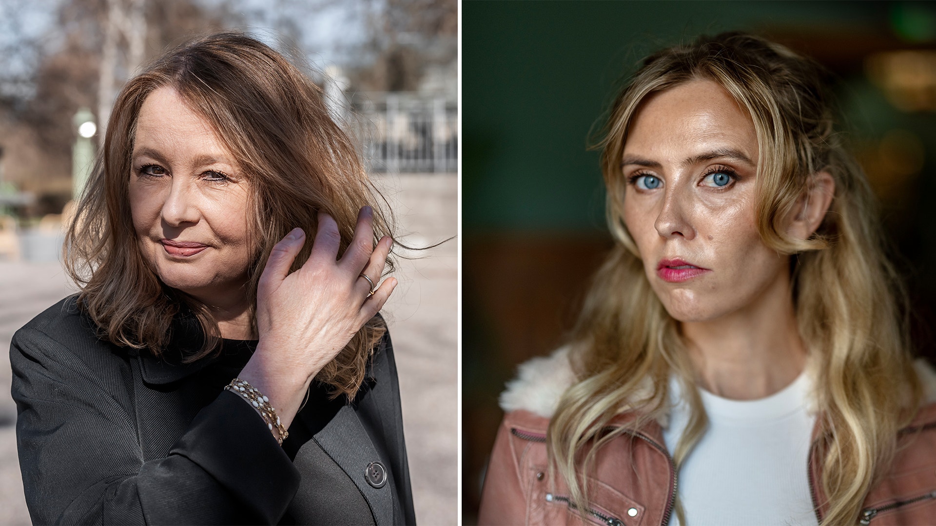 Collage med två porträttfoton av kvinnor. Till vänster en kvinna med axellångt brunt hår och mörk jacka som håller handen i håret. Till höger en kvinna med långt ljust hår och rosa jacka som ser rakt in i kameran.