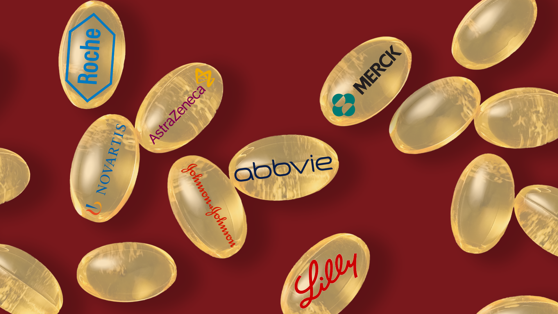 Illustration av gula genomskinliga piller med logotyper från stora läkemedelsföretag som Roche, AstraZeneca, Merck, Abbvie och Lilly på mörkröd bakgrund.
