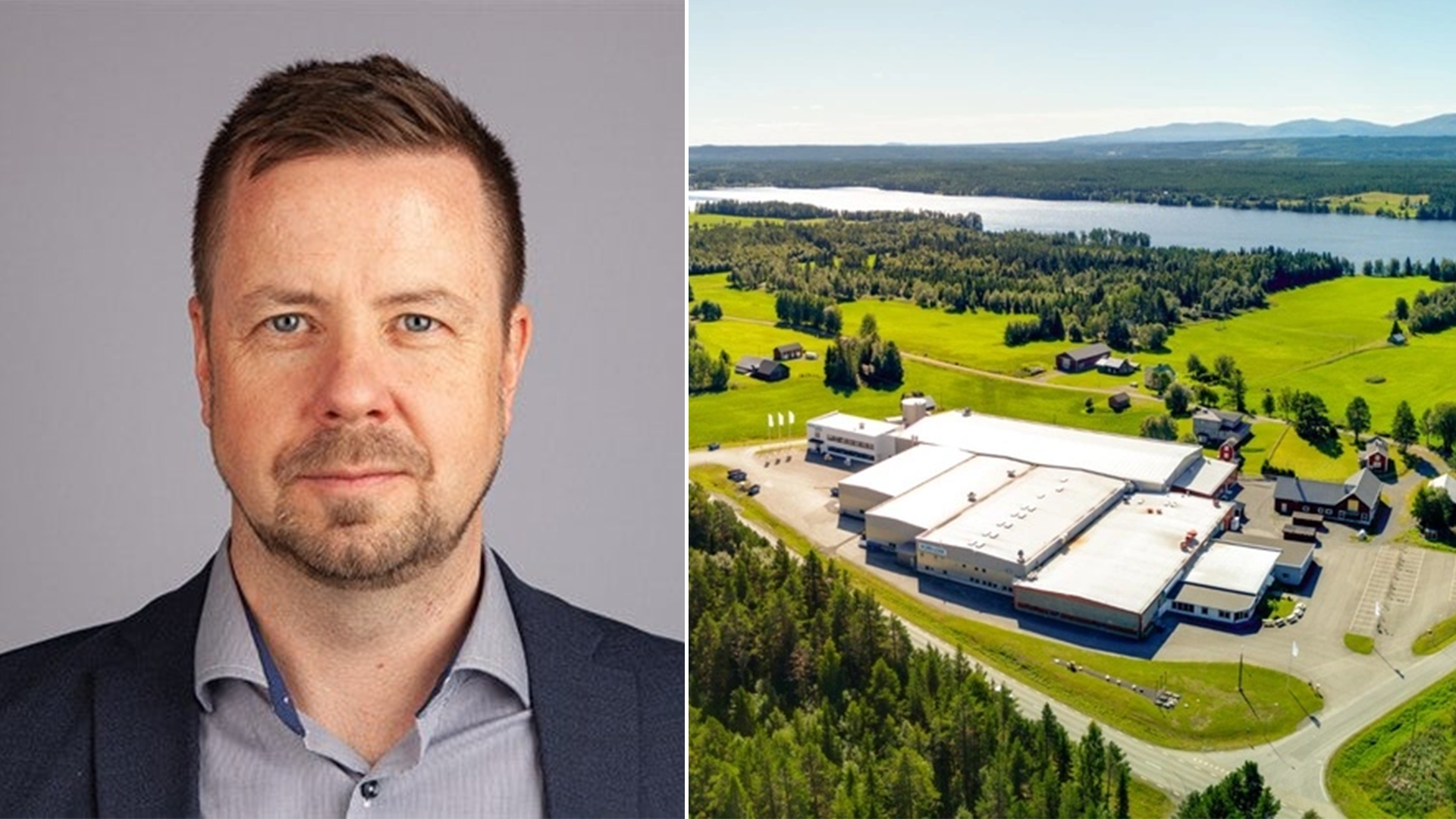 Sammansatt bild med ett porträtt av en man till vänster och en flygfoto av ett industriellt område omgivet av gröna fält och skog till höger.