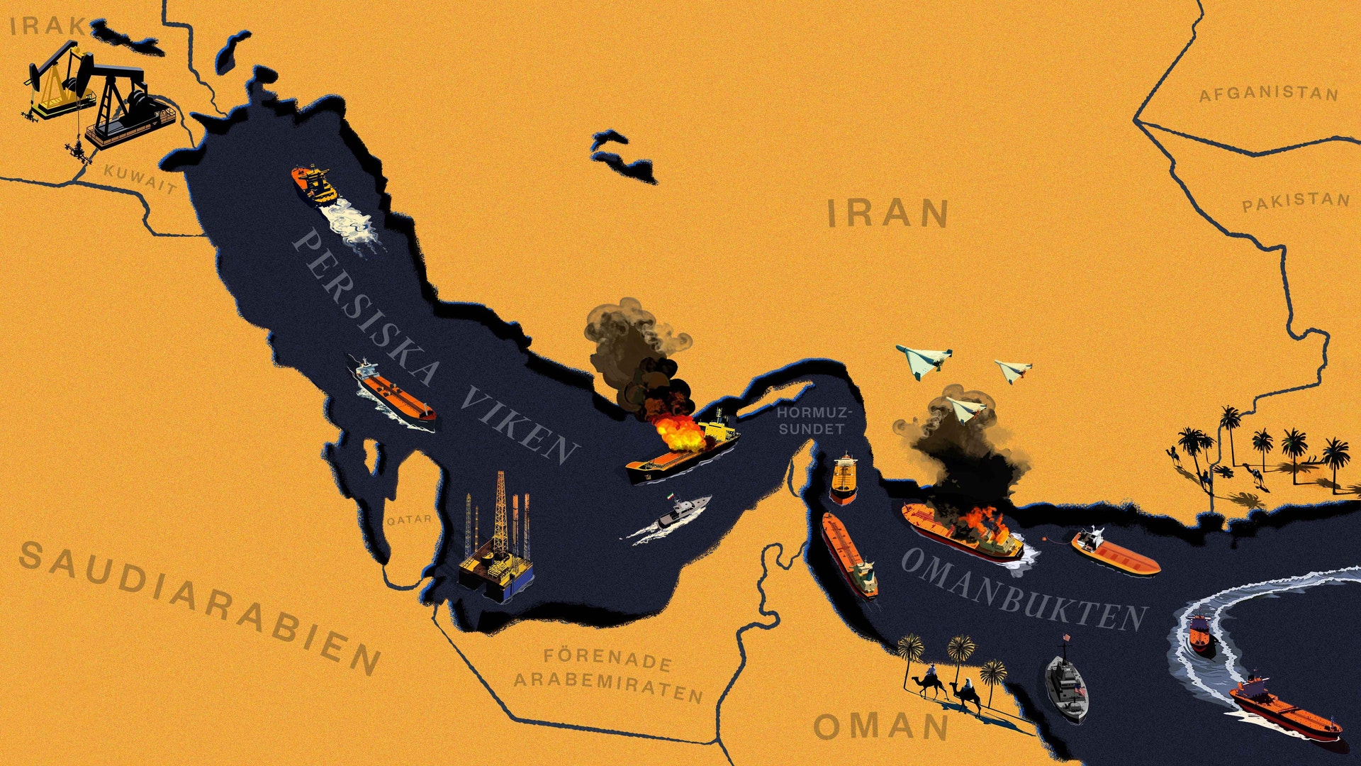 Stiliserad karta över Persiska viken med länder markerade i gult och blått, inklusive Iran, Saudi-Arabien och Oman.