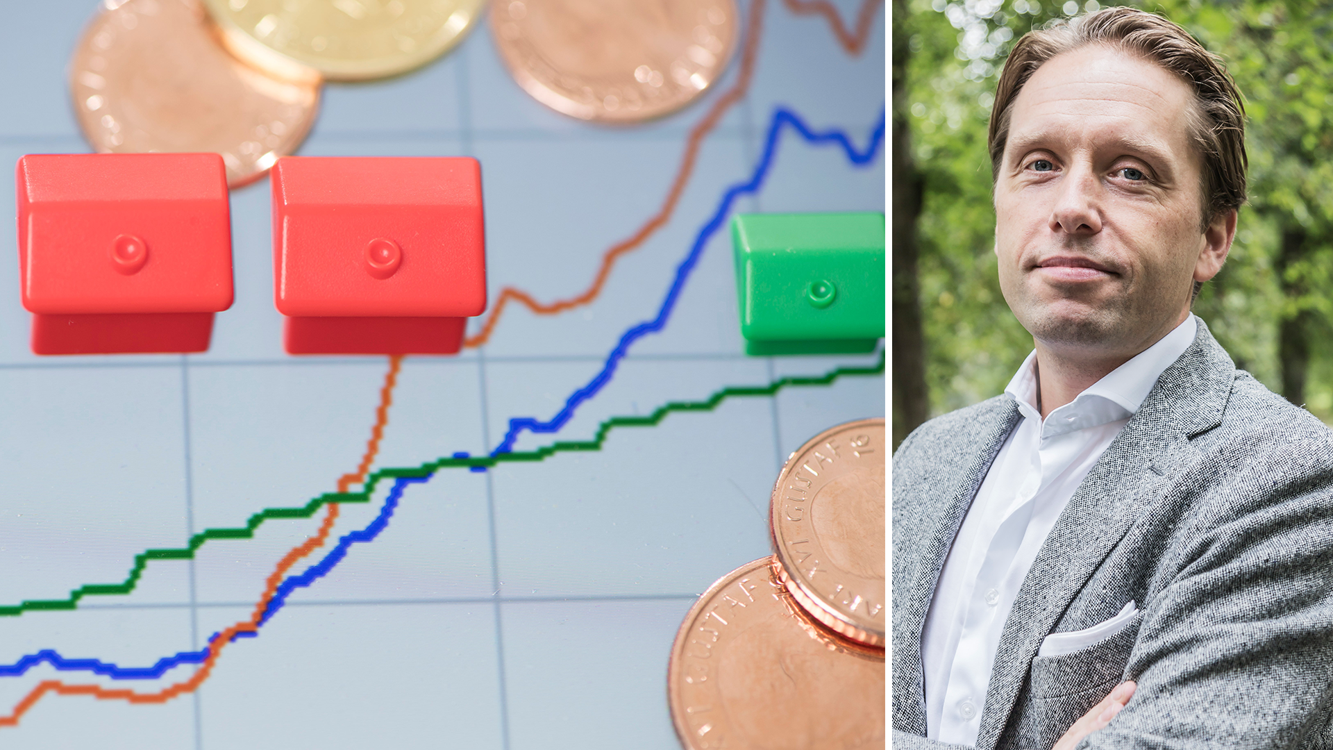 Till höger en bild på en graf över räntor och monopolhus. Till höger Hampus Brodén, vd Stabelo.