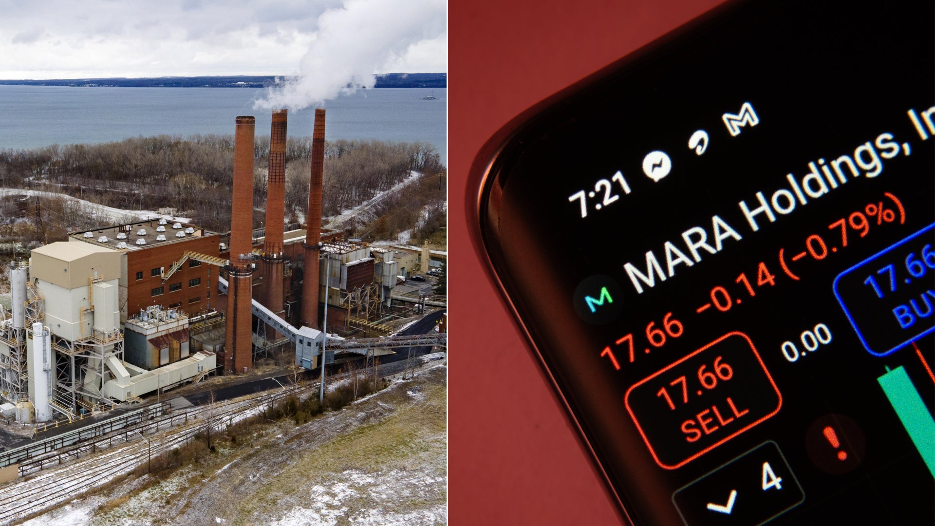 Industrianläggning med rökande skorstenar bredvid en smartphone som visar aktiekursdata.