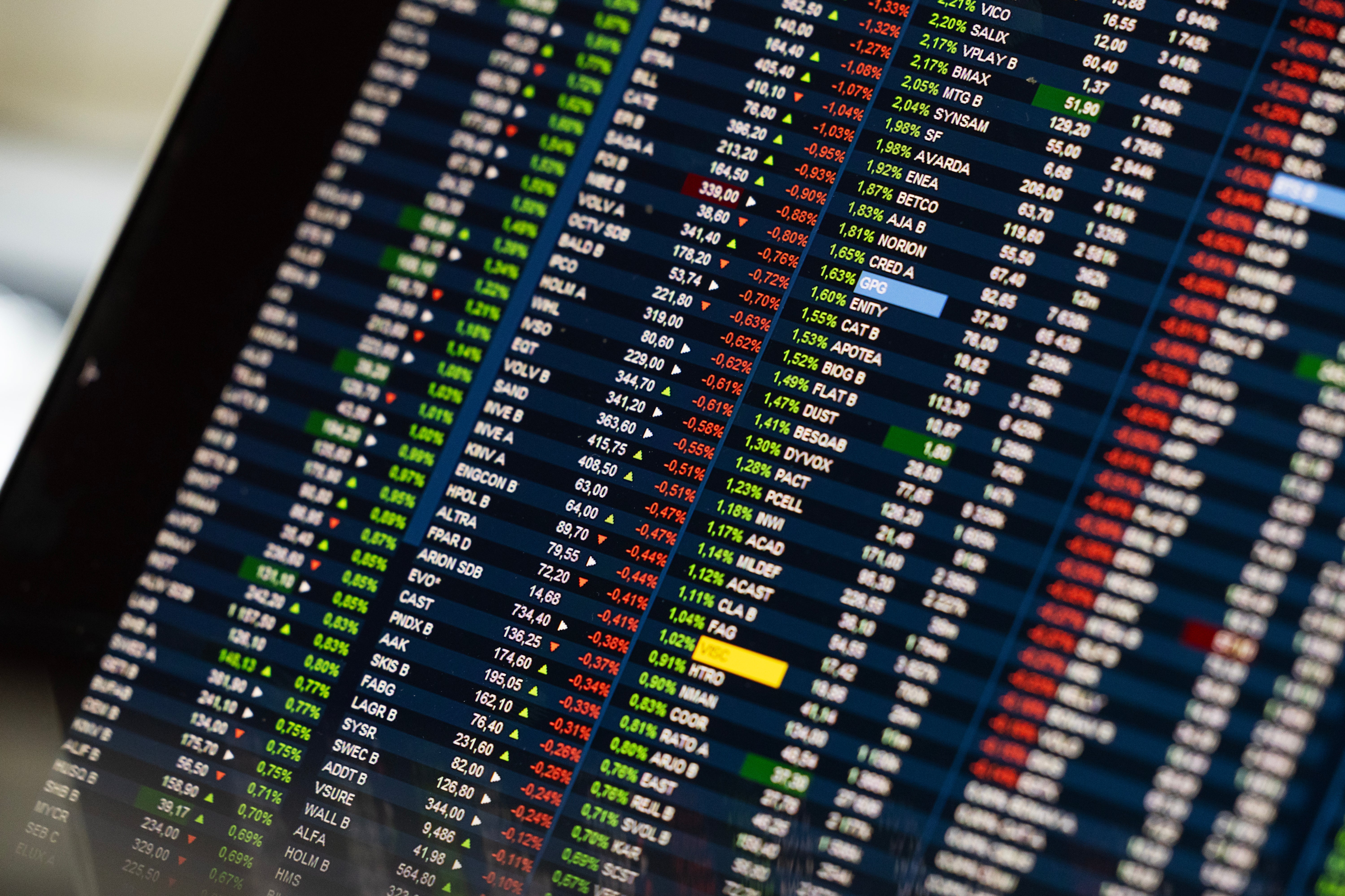 Datorskärm som visar finansiell data med aktiekurser och siffror i olika färger på mörk bakgrund.