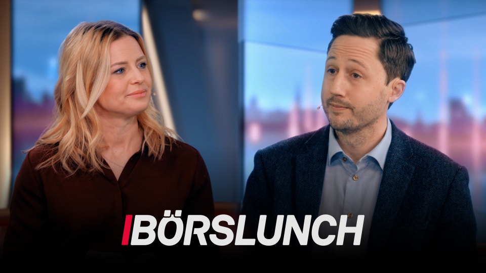 Två personer i professionell miljö framför stadsutsikt med texten Börslunch