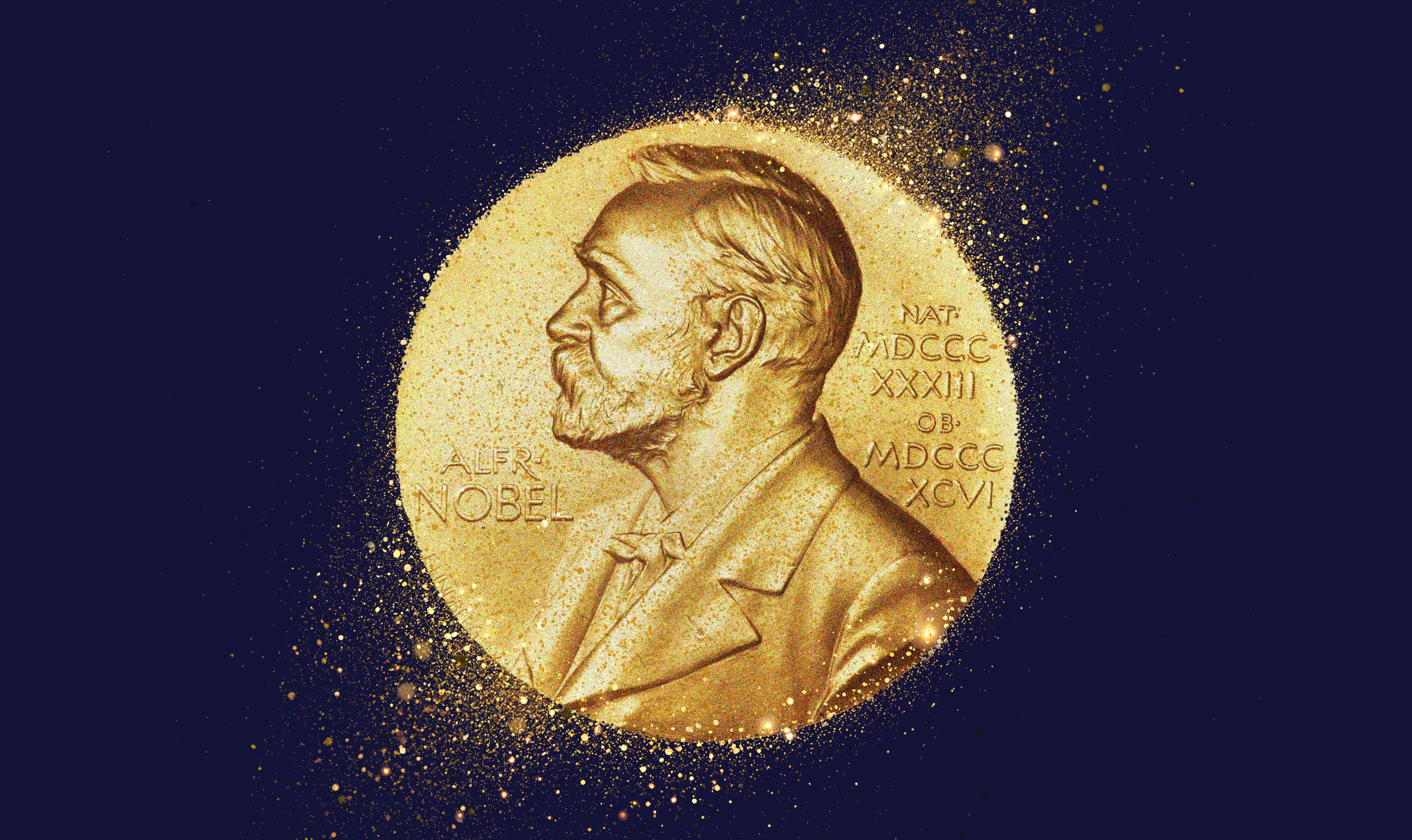 Guldmedalj med Alfred Nobels profil mot en mörkblå bakgrund.