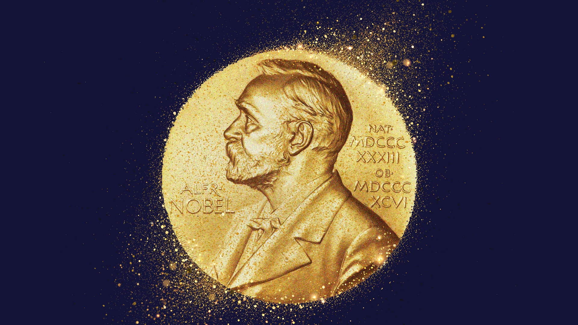 Guldmedalj med Alfred Nobels profil mot en mörkblå bakgrund.
