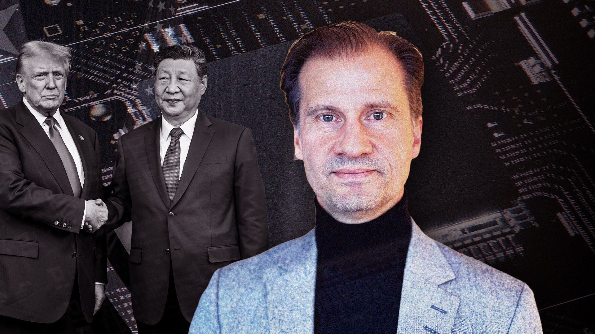 Porträtt av man i ljusblå kavaj och svart polotröja med två män i kostym som skakar hand i bakgrunden.