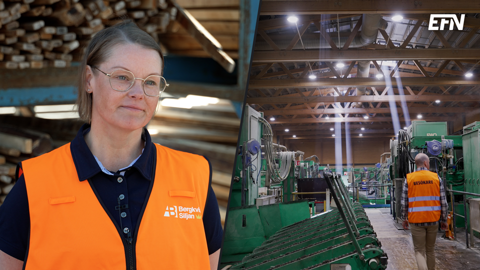 Pernilla Thalin med orange reflexväst till vänster framför en hög med plankor och en bild ifrån sågverket till höger där en man med orange reflexväst går.