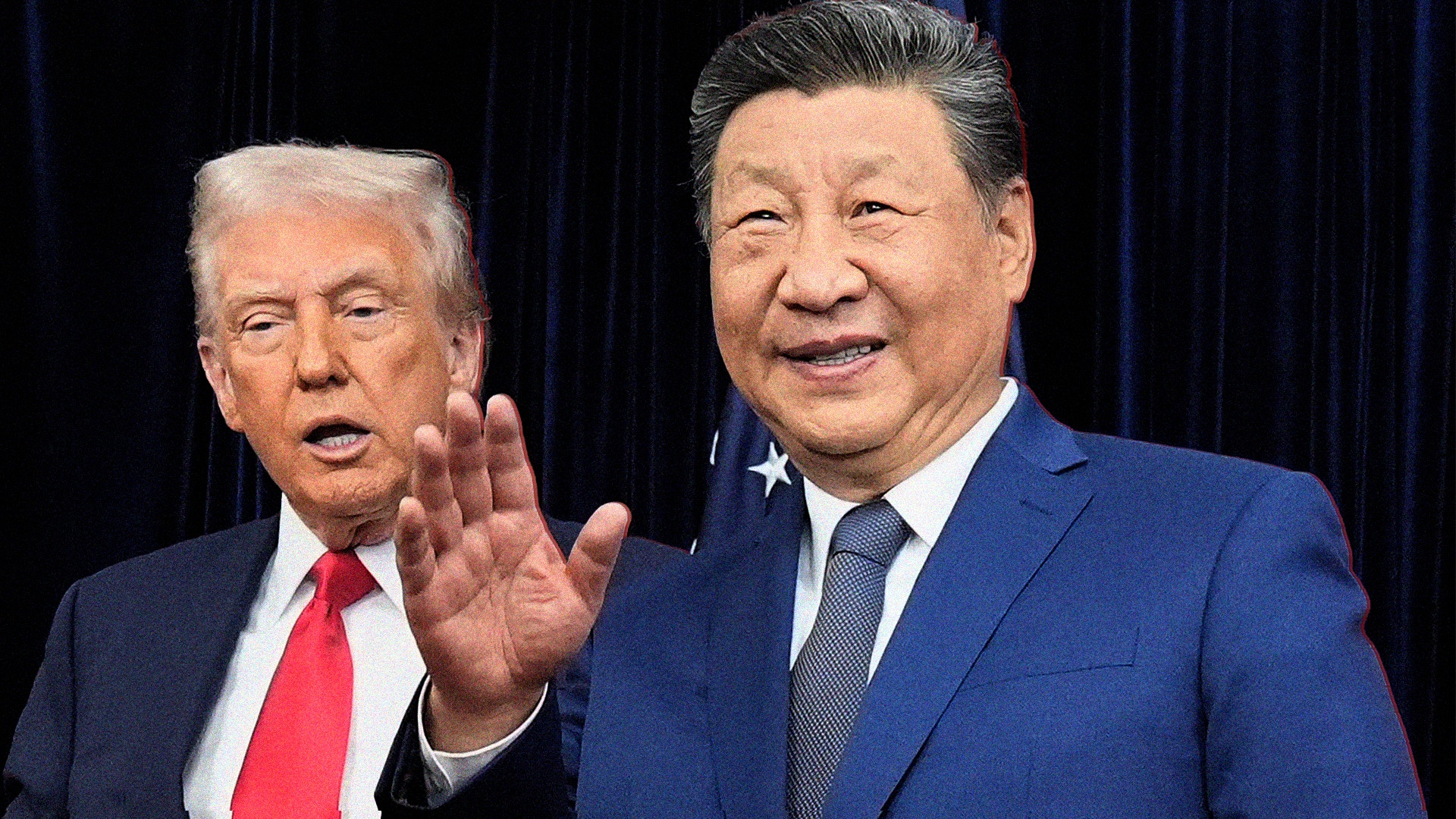 Två män i formell kostym framför en mörk bakgrund med gardiner.