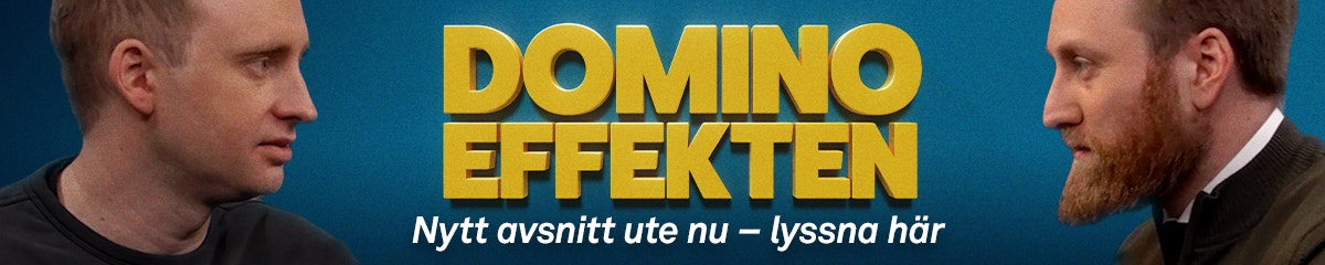 Bannerbild för Domino Effekten med två män och gul text på blå bakgrund