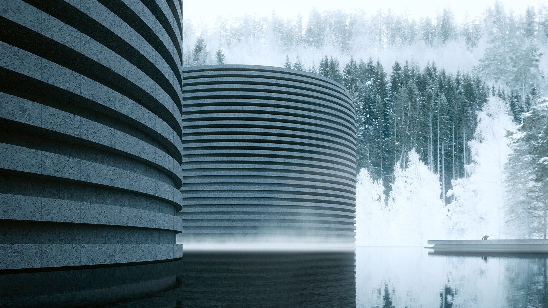 Visionsbild på Evrocs datacenter i i kalla vinterskogar.