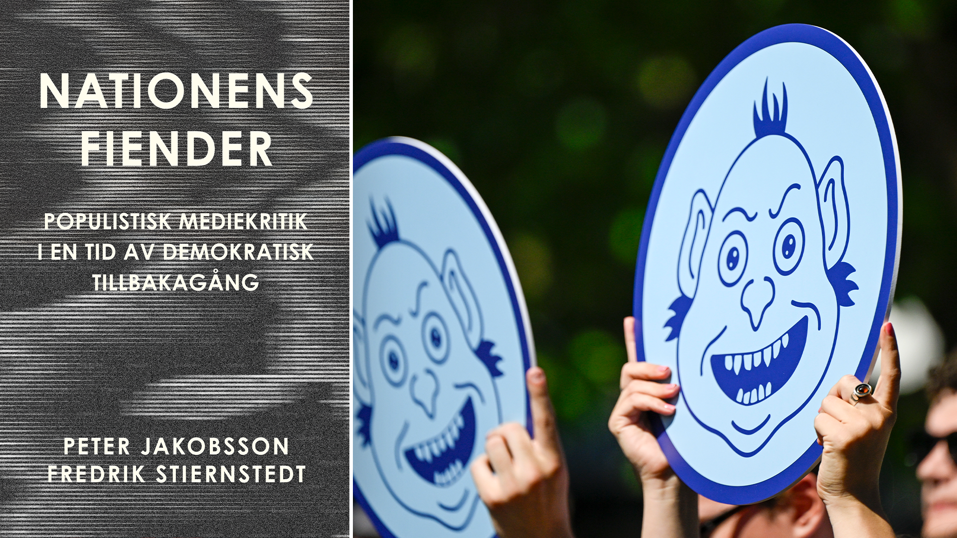 Två händer håller upp blå papptallrikar med tecknade glada ansikten. Bokcover för 'Nationens Fiender' av Peter Jakobsson och Fredrik Stjernstedt.