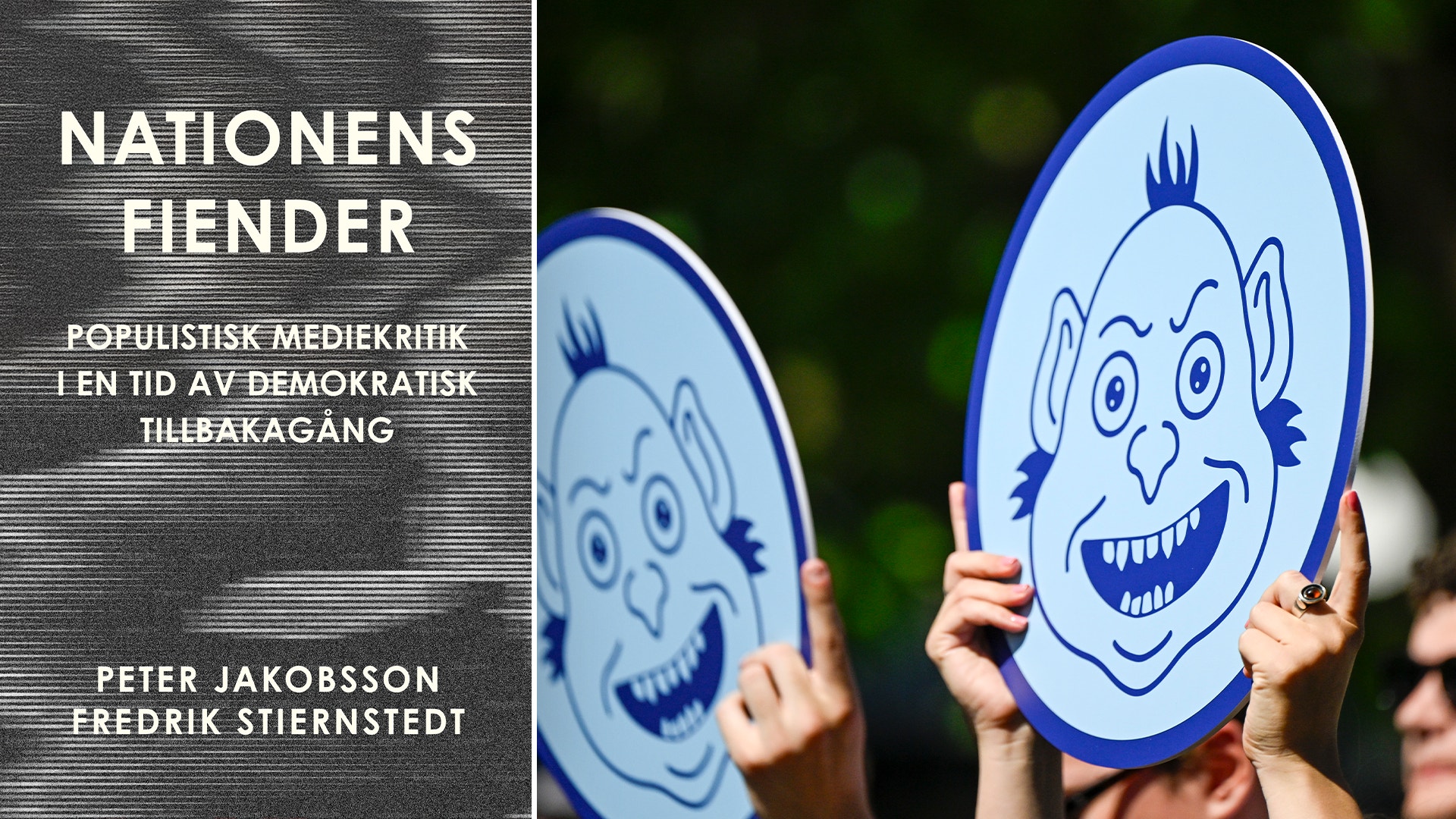 Två händer håller upp blå papptallrikar med tecknade glada ansikten. Bokcover för 'Nationens Fiender' av Peter Jakobsson och Fredrik Stjernstedt.