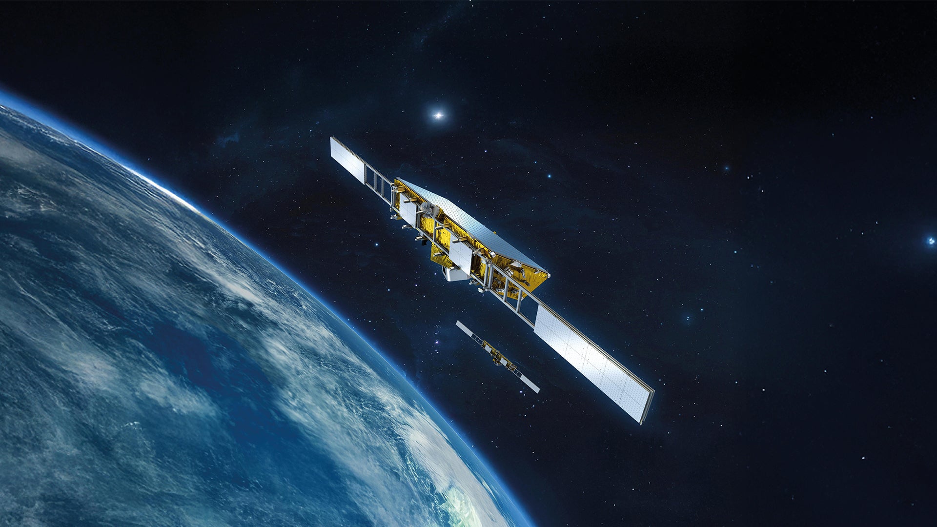 En satellit i omloppsbana omkring jorden mot en svart stjärnhimmel.