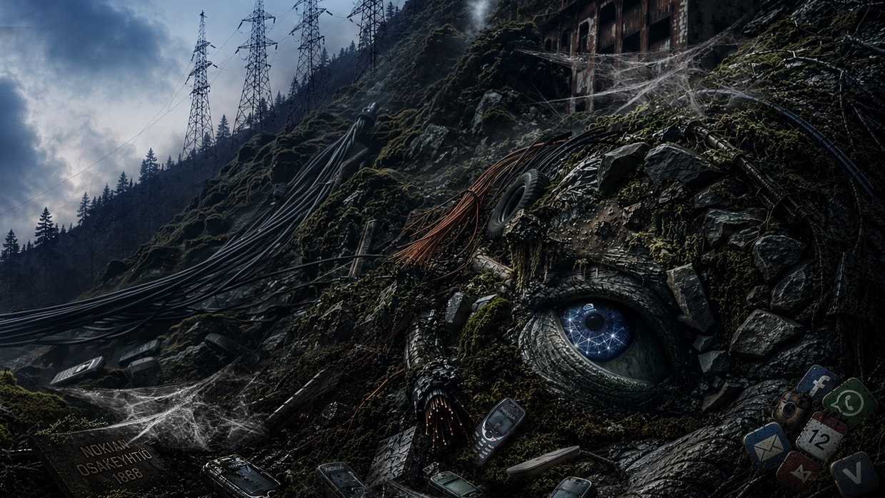 En surrealistisk illustration av ett jättelikt ansikte gjort av berg och sten, integrerat i ett bergslandskap med skogar och kraftledningar. Ansiktets öga är blått och framträdande.