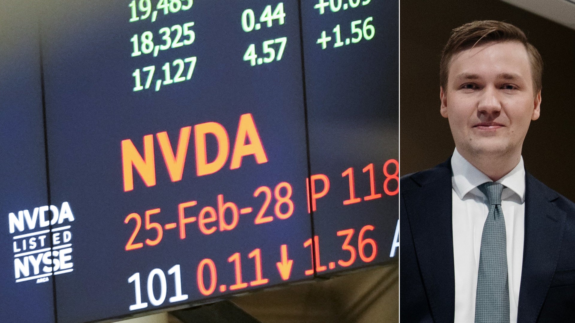 Sammansatt bild med NVIDIA-aktiekurs på börsvisning till vänster och porträtt av man i kostym till höger.