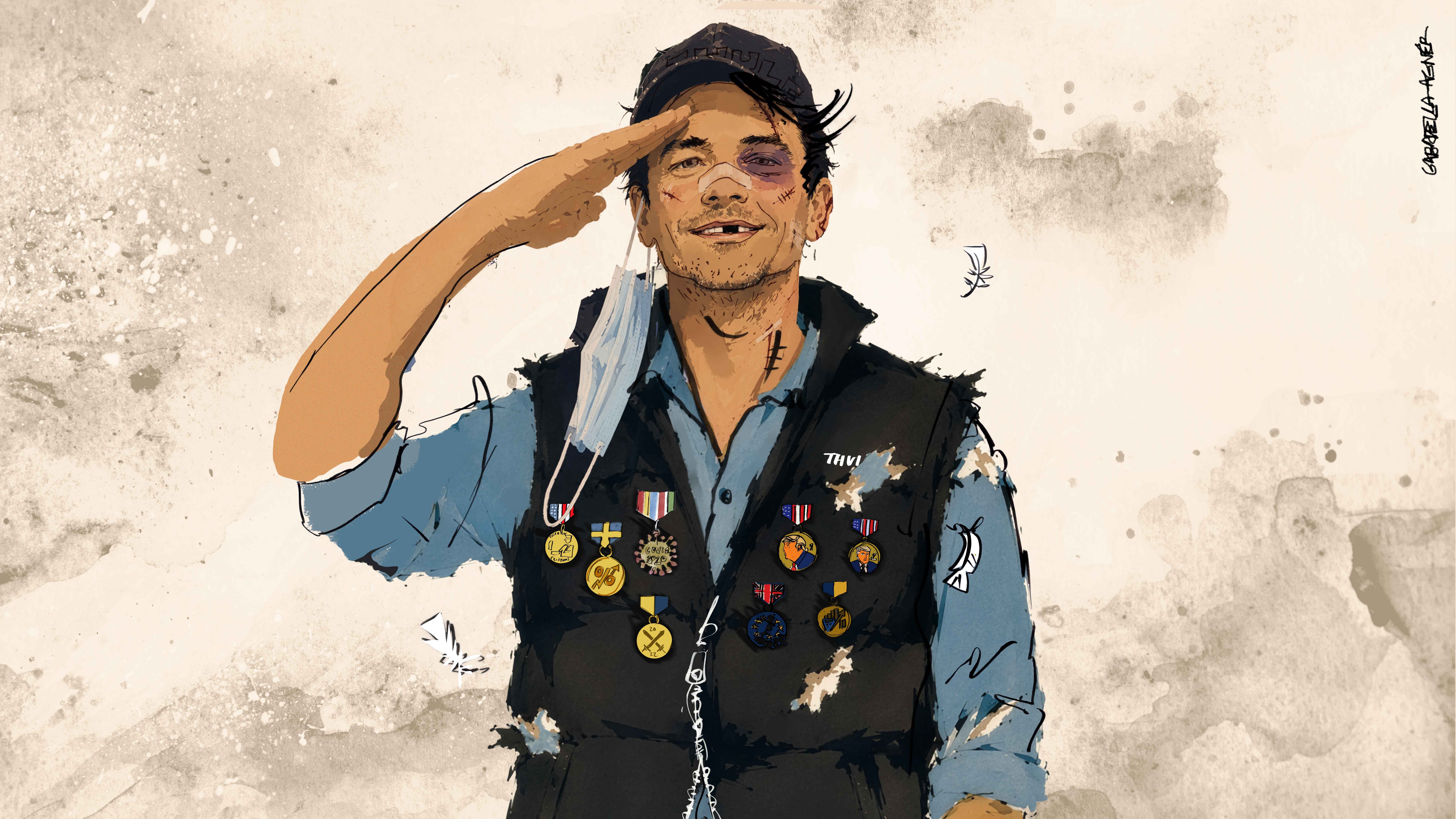 Illustration av en man i militär uniform med många medaljer på bröstet. Han bär svart väst och keps, ler och gör en hälsning med handen.