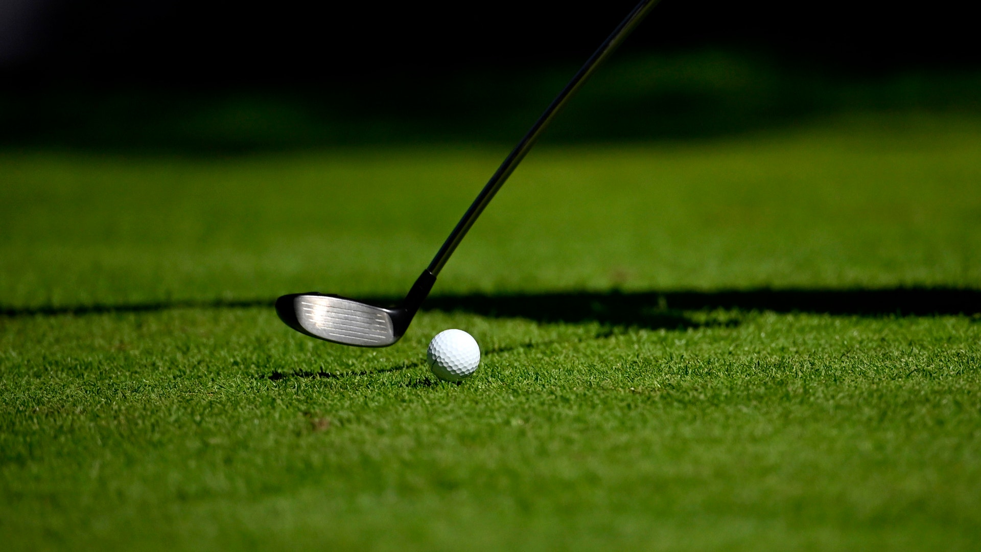 Golfklubba och golfboll på en grön gräsmatta.