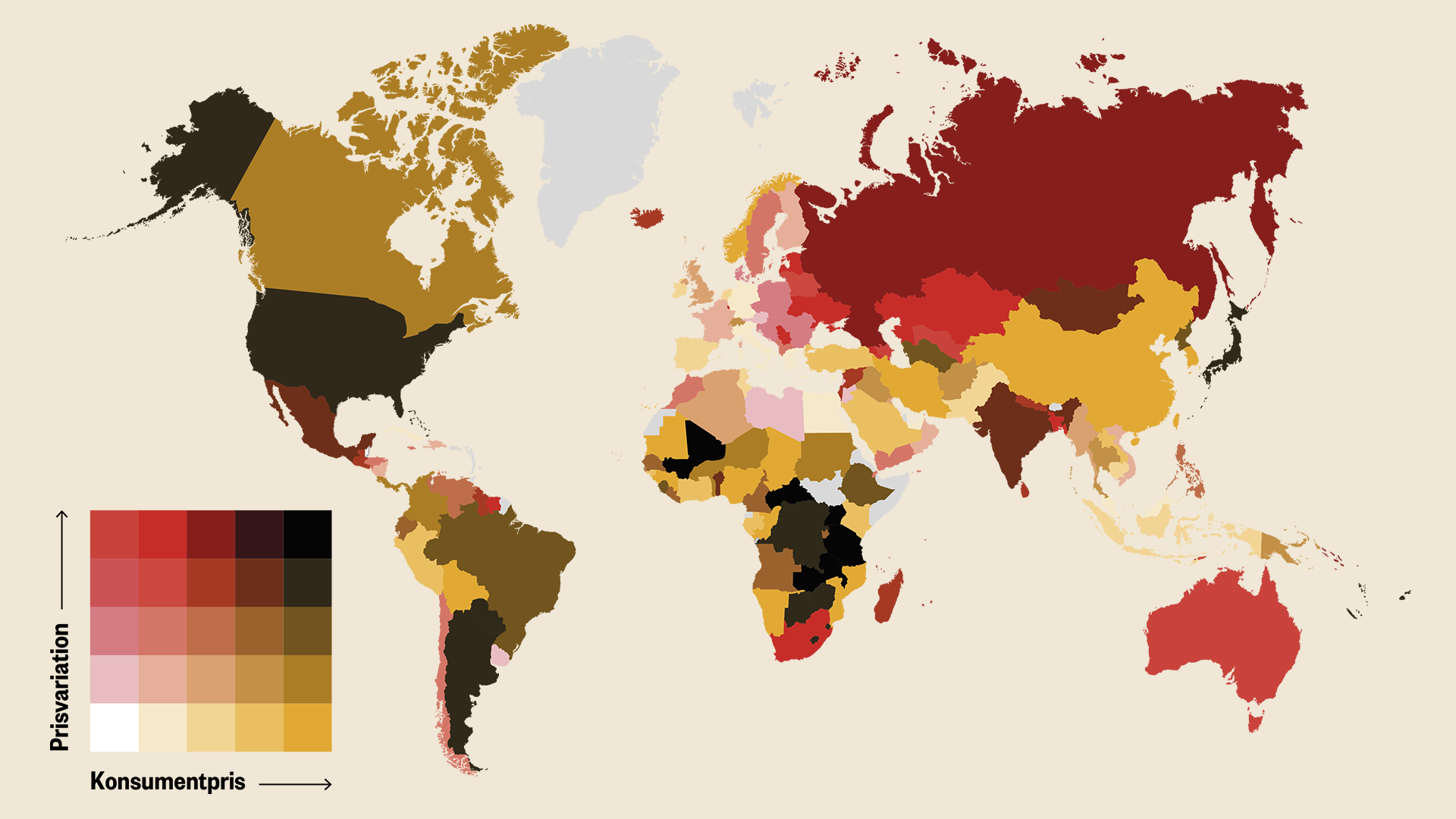 Världskarta med länder färgkodade i rött, gult, svart och brunt för att visa geopolitiska förhållanden. En färgskala visar gradering från låg till hög konsumtion.