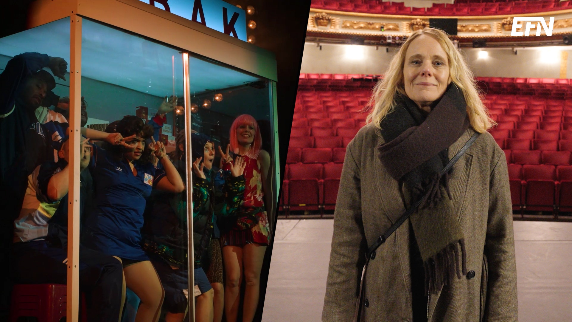 Ett montage med utklädda skådespelare på Scenkonst öst till vänster, och vd Monica Fredriksson Tal till höger.