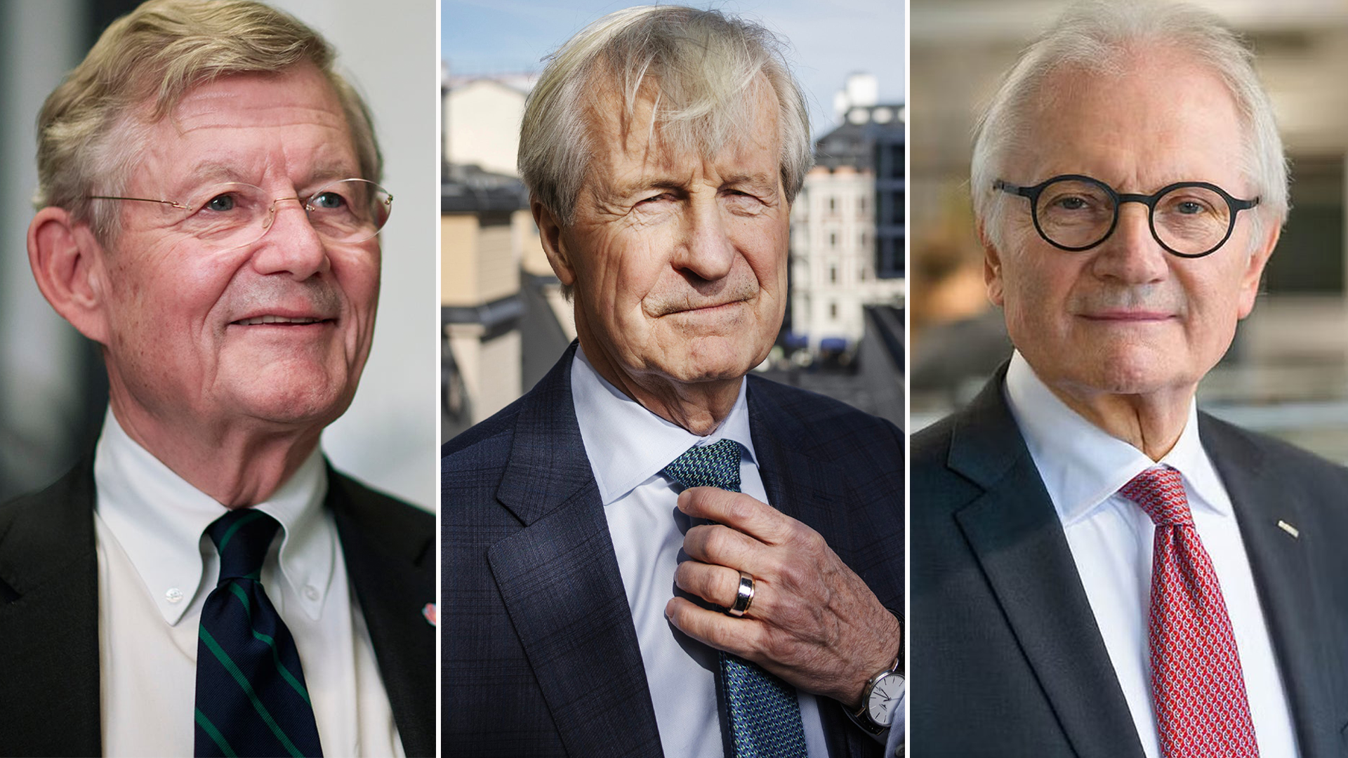 Kollage med tre porträttfoton av äldre män i formell klädsel och glasögon.