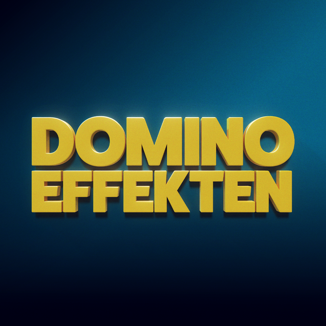 Podcast-miniatyr med texten "Dominoeffekten" i gul fet skrift mot en mörkblå gradient bakgrund