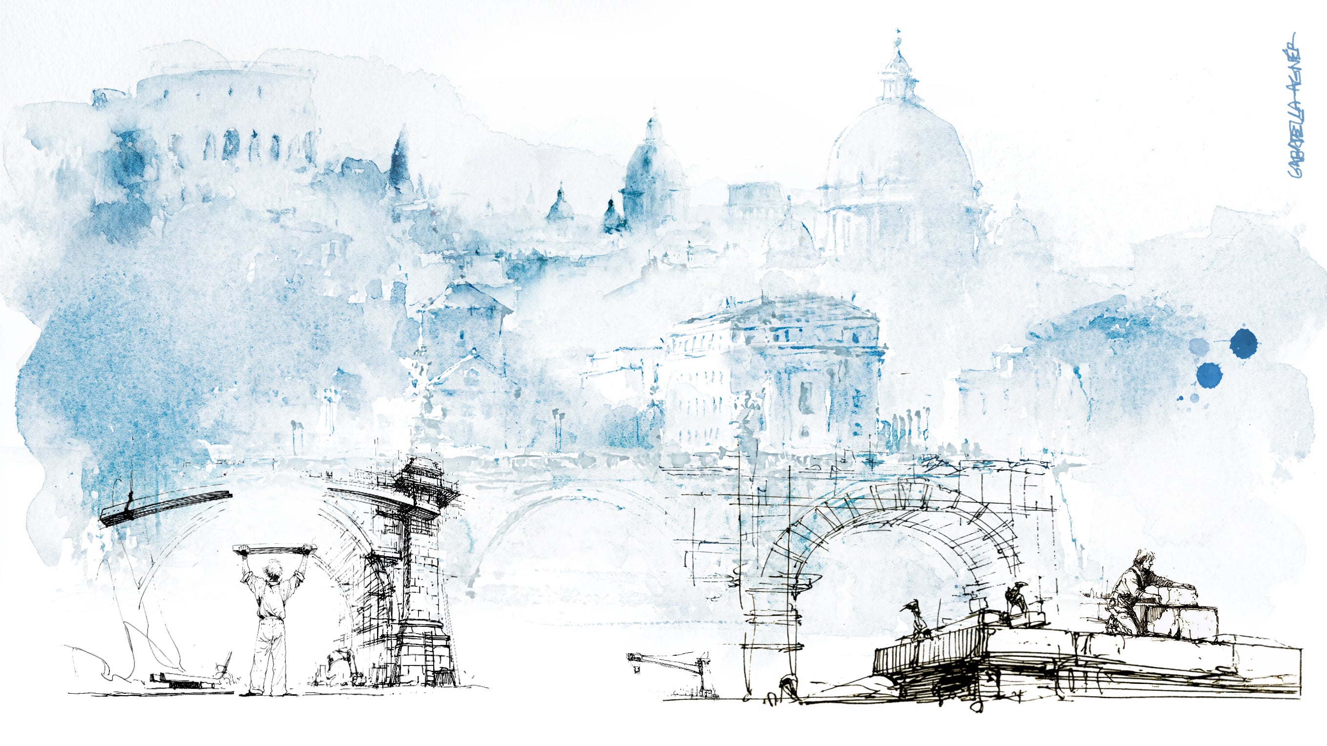 Akvarell-illustration av en stad med klassisk arkitektur, byggkranar och konstruktionselement i förgrunden, samt en skyskrapa med kupol i bakgrunden. Bilden är utförd i blå och vita toner.
