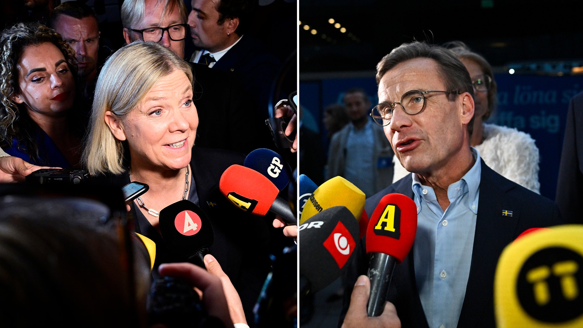 Två politiker intervjuas av journalister med mikrofoner.