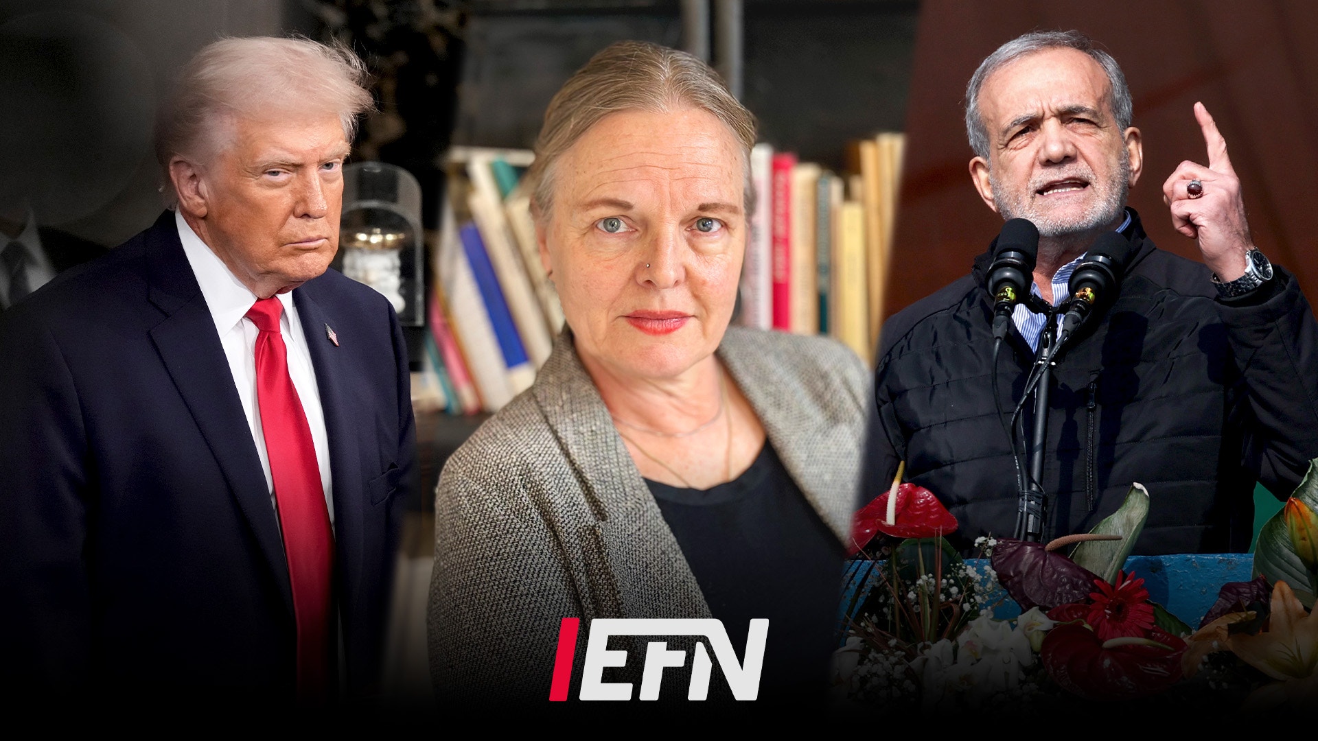 Tre personer i en inomhusmiljö med bokhyllor i bakgrunden.