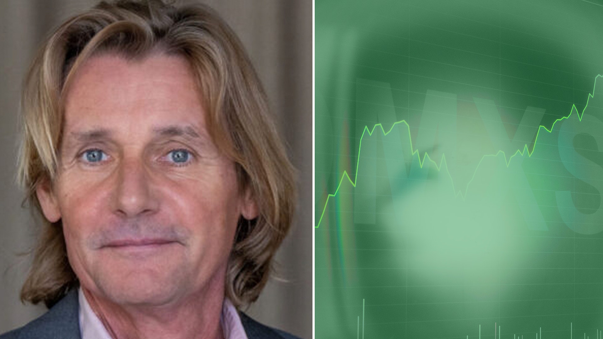 Porträtt av en man bredvid ett grönt aktiekursdiagram med stigande trend.