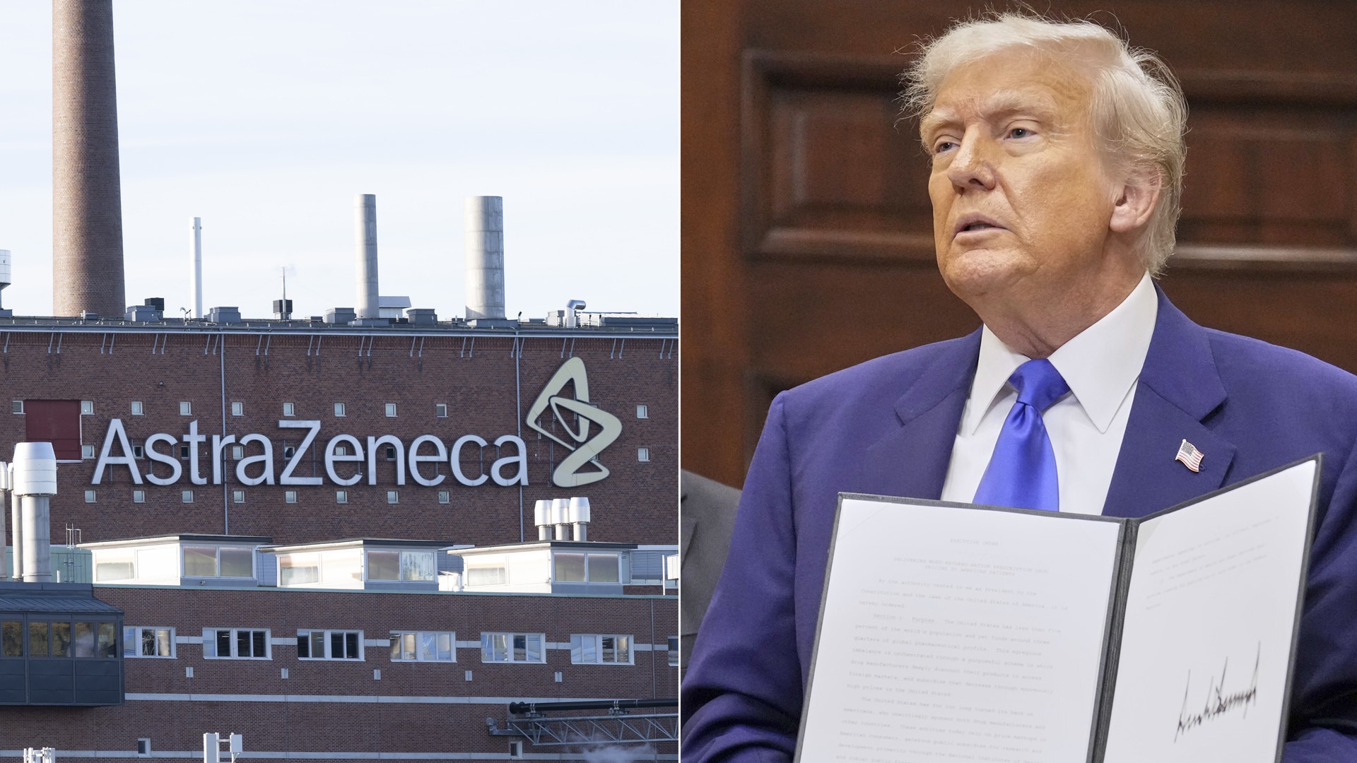 Astra Zeneca till vänster (produktionsanläggning) och Donald Trump till höger.