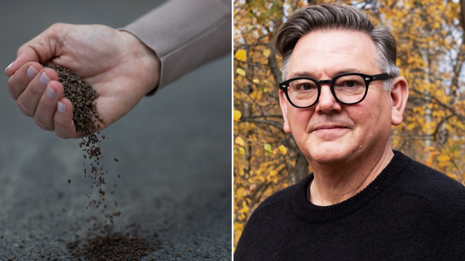 Till vänster en hand som häller brunt lignin-pulver. Till höger en man med glasögon framför en gul bakgrund.