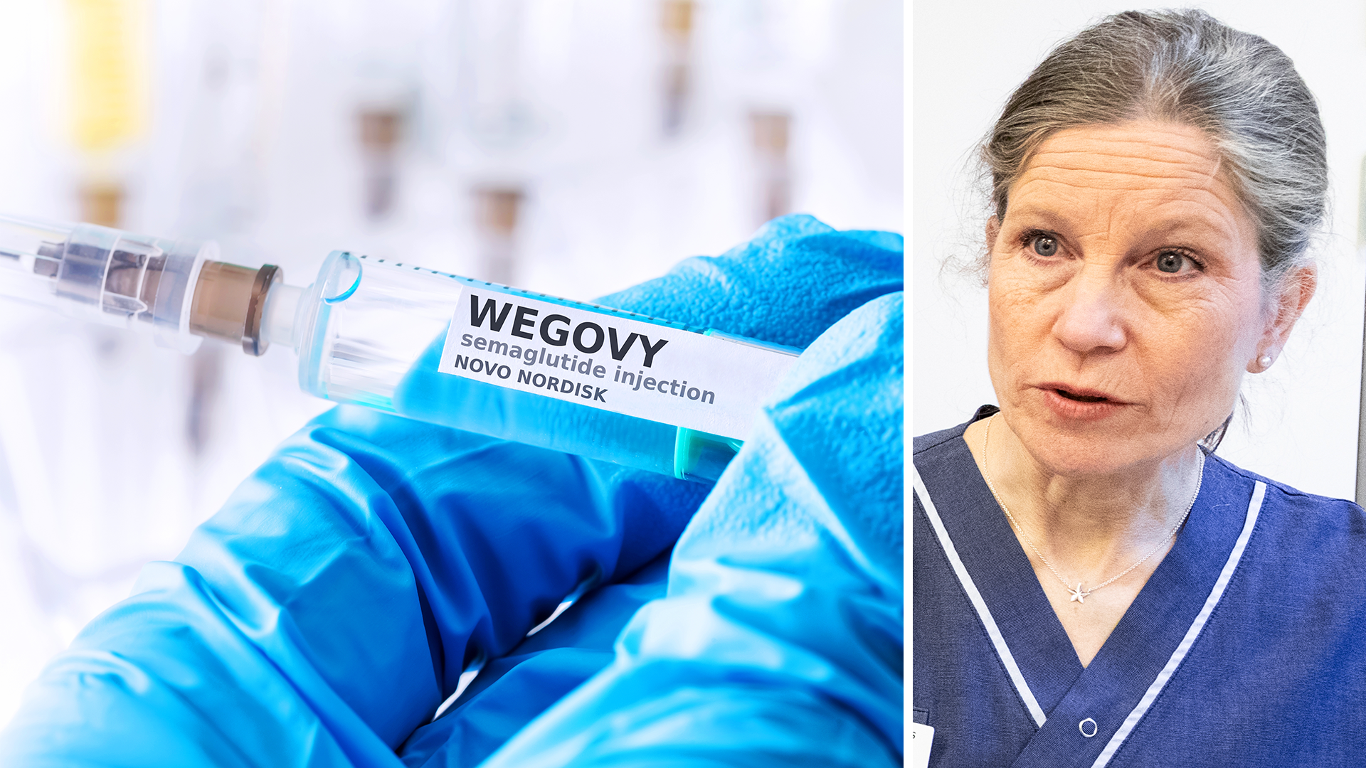 Wegovy injektionspenna i blå handskar bredvid en sjukvårdspersonal