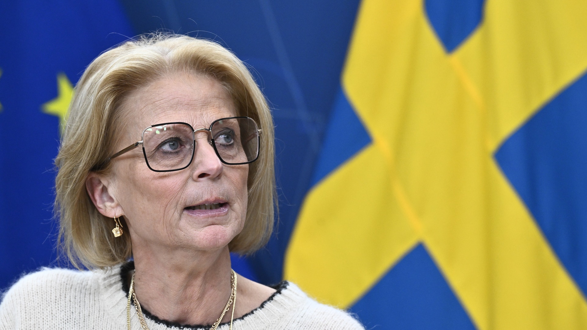 Elisabeth Svantesson med glasögon och ljus tröja talar i en mikrofon framför en svensk flagga och en EU-flagga.