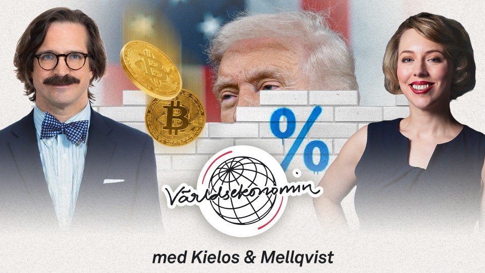 Grafisk bild med tre personer, Bitcoin-mynt, procentsymbol och världsgloben. Text under bilden säger "med Kielos & Mellqvist".