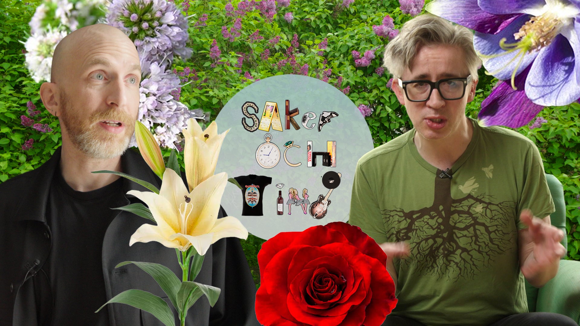 Ett montage med Martin Bergström till vänster, Fredrik Strage till höger, en grön lummig bakgrund och flera inklippta blommor.