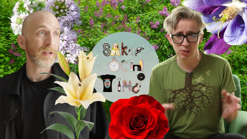 Ett montage med Martin Bergström till vänster, Fredrik Strage till höger, en grön lummig bakgrund och flera inklippta blommor.