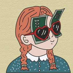 Illustration av en person med rött flätad hår som bär hjärtformade solglasögon och håller upp mobiltelefoner.